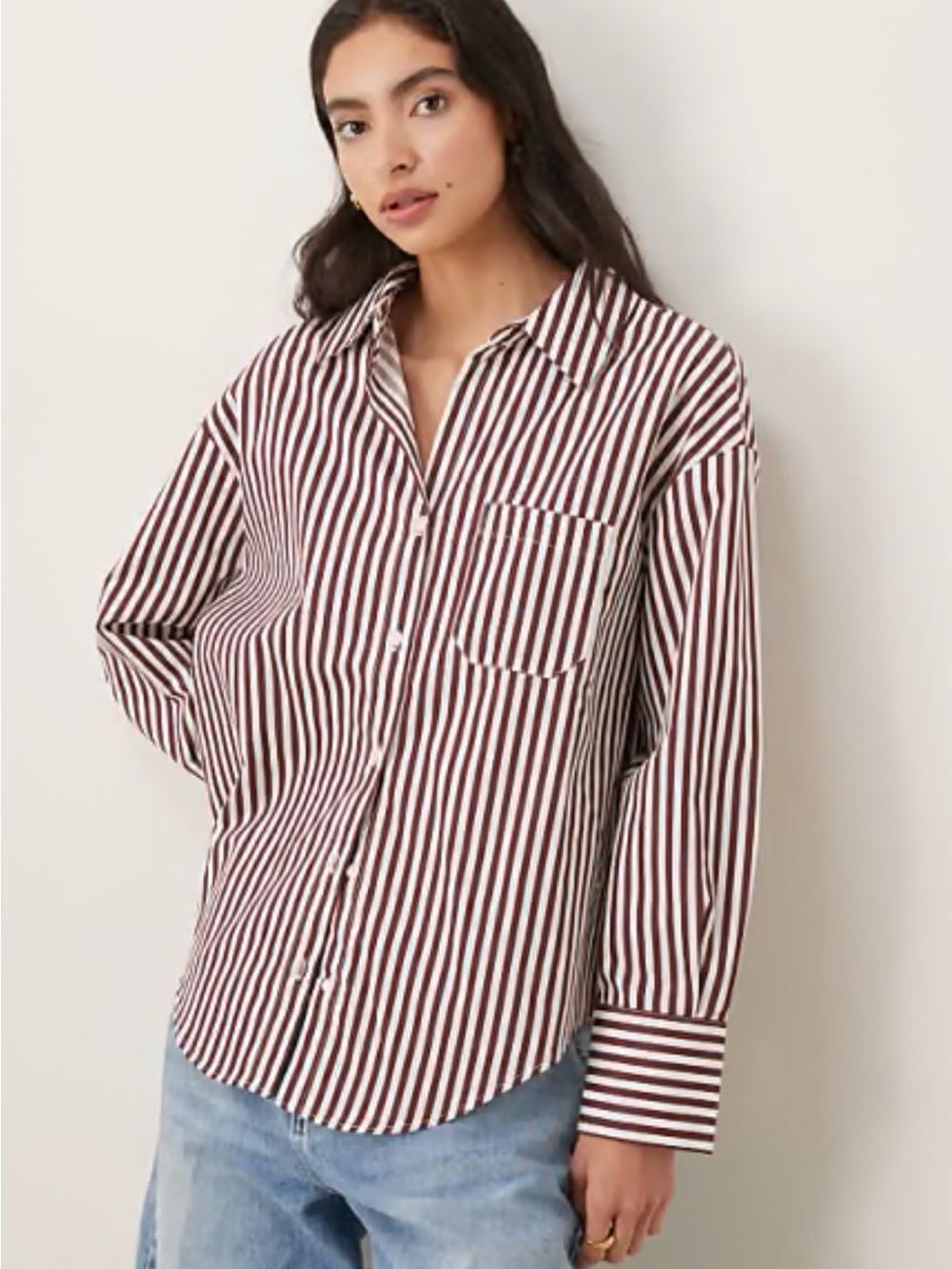 NWOT Zara Burgundy and White Vertical Stripe Button-Up XS